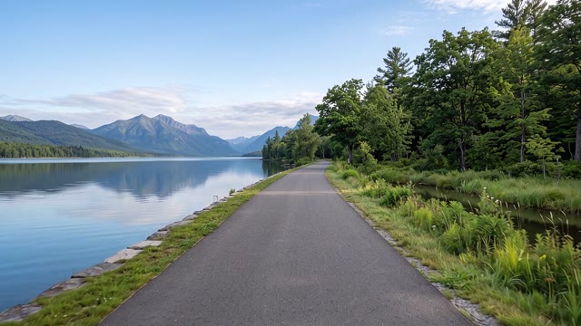 Lakeside path with mountains