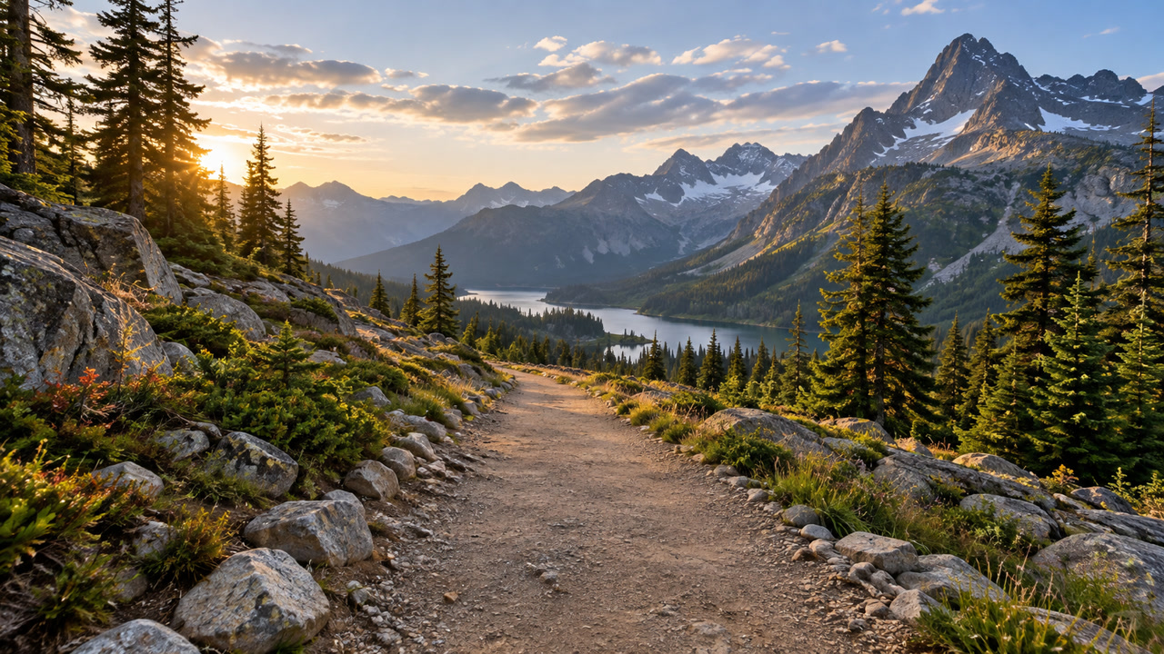Golden-hour alpine mountain trail above a lake
