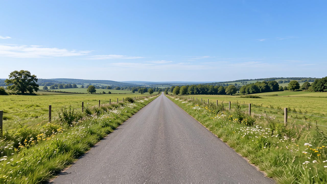 Country road through green fields