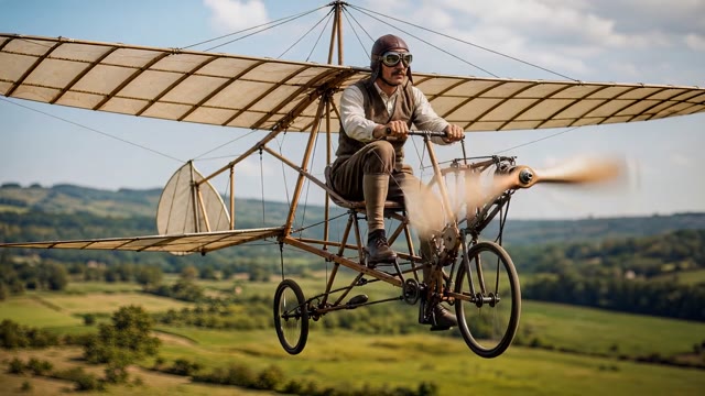Whimsical flying bicycle over the countryside